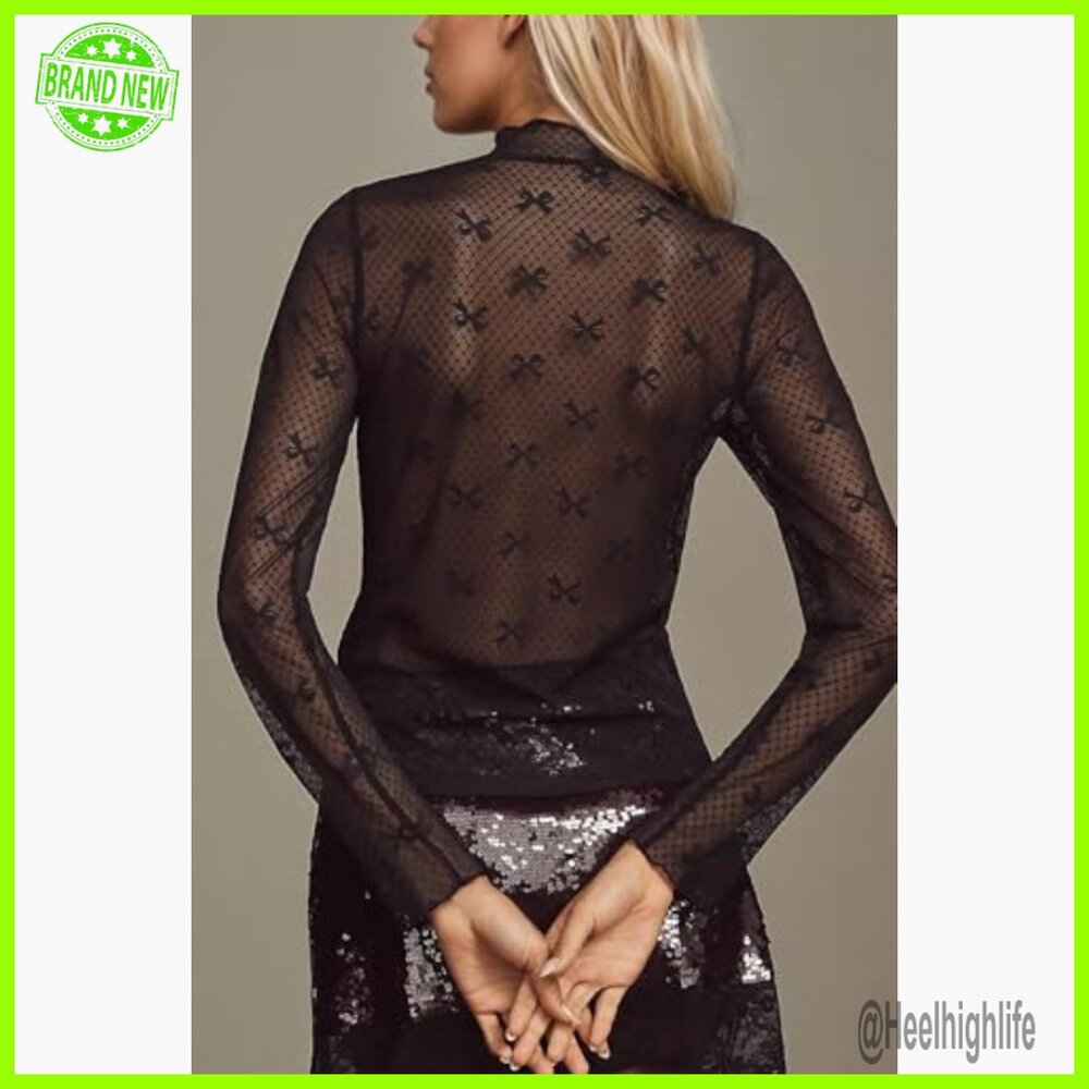 Long Sleeve Mesh Blouse with Bow Detail Polka Dot Print Mock Neck Layering Top - Picture 2 of 3